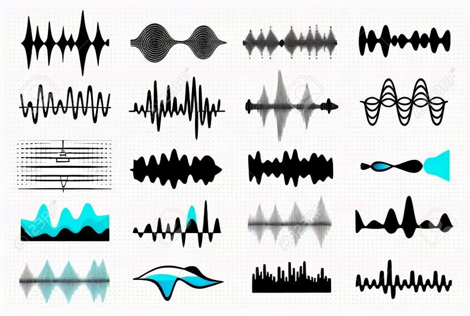 Onde sonore di musica. Vibrazioni che mostrano un suono, pattern di disturbo in bianco e nero. Illustrazione di arte di linea vettoriale su sfondo bianco