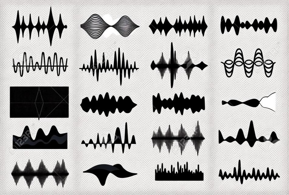 Onde sonore di musica. Vibrazioni che mostrano un suono, pattern di disturbo in bianco e nero. Illustrazione di arte di linea vettoriale su sfondo bianco