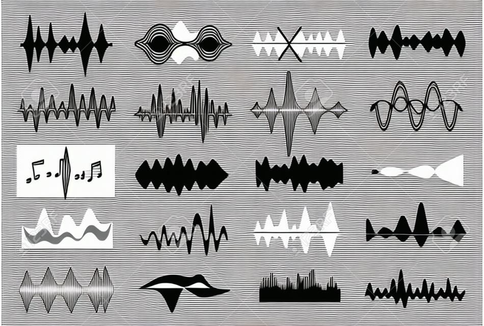 음악 음파. 소리를 보여주는 진동, 흑백의 교란 패턴. 흰색 배경에 벡터 라인 아트 그림