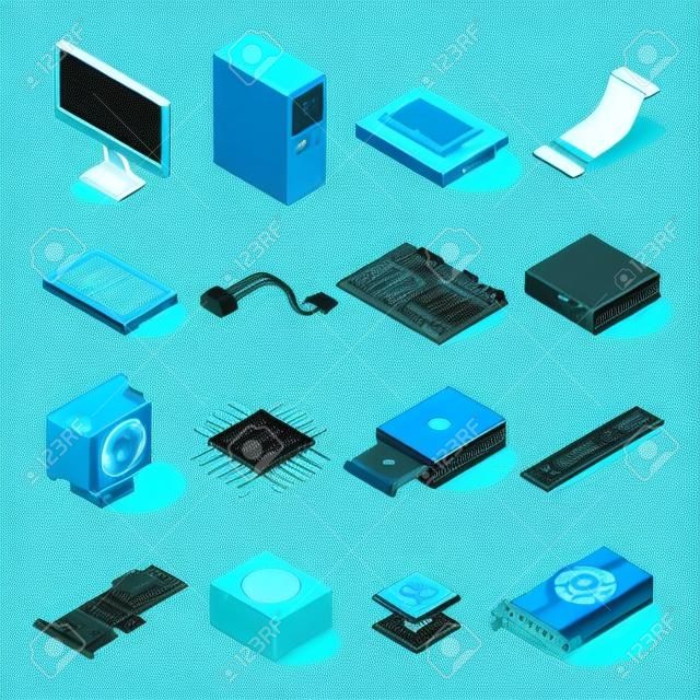 Computer parts isometric set. Inside the computer case hardware elements, hard disk drive, motherboard, video card components