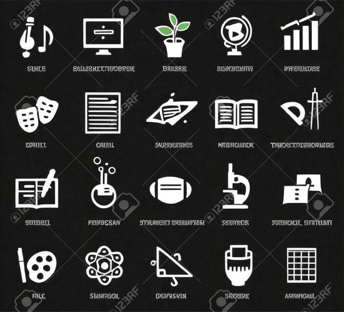 School subjects black glyph icons vector set