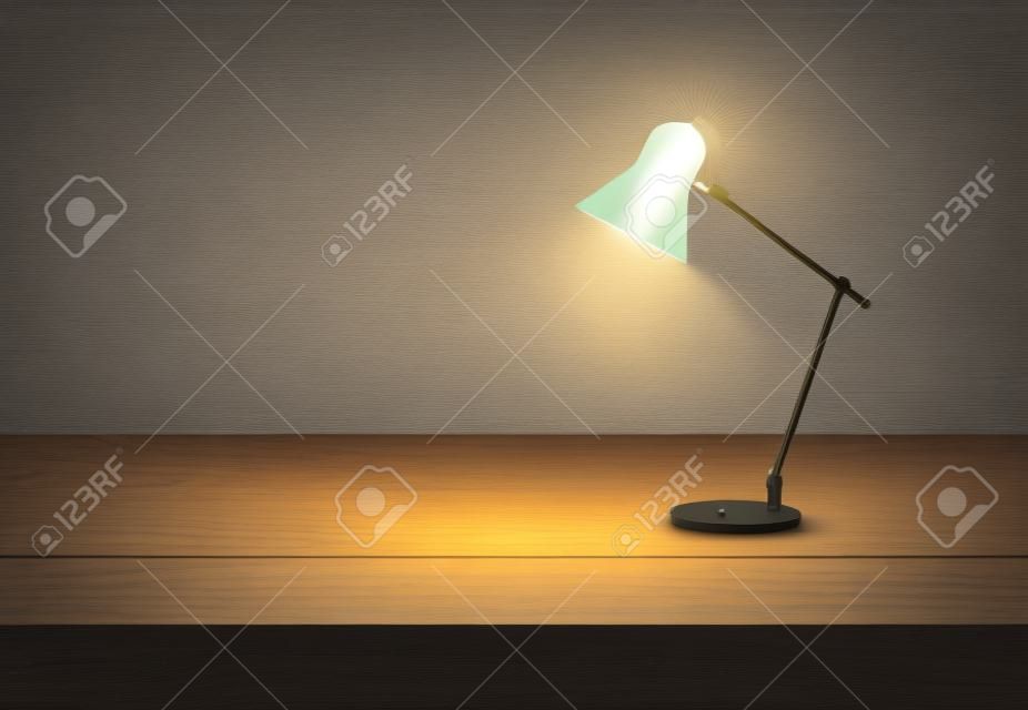 Lampe de bureau à domicile de table sur l'éclairage de bureau en bois à l'intérieur de la salle d'obscurité vecteur de modèle réaliste