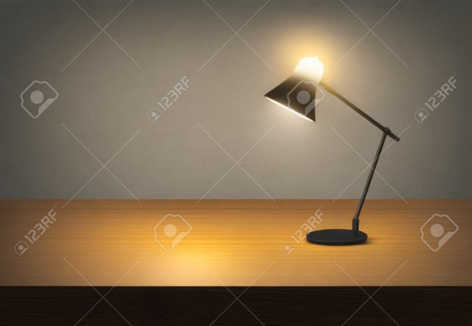Lampa stołowa do biura domowego na drewnianym biurku oświetleniem w ciemnym pokoju realistyczny wektor szablonu
