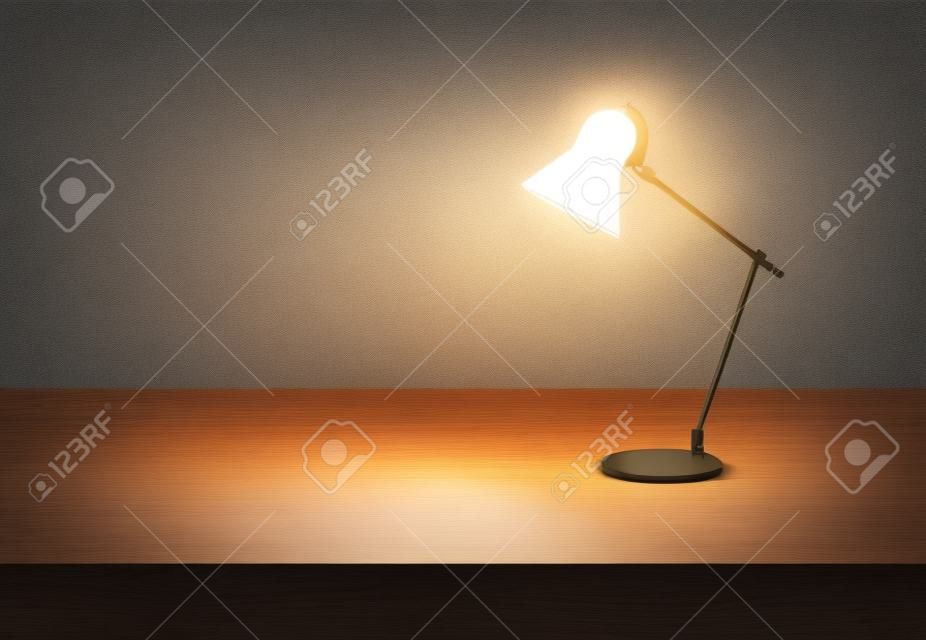 Tischinnenbürolampe auf hölzerner Schreibtischbeleuchtung am realistischen Schablonenvektor des Dunkelrauminnenraums