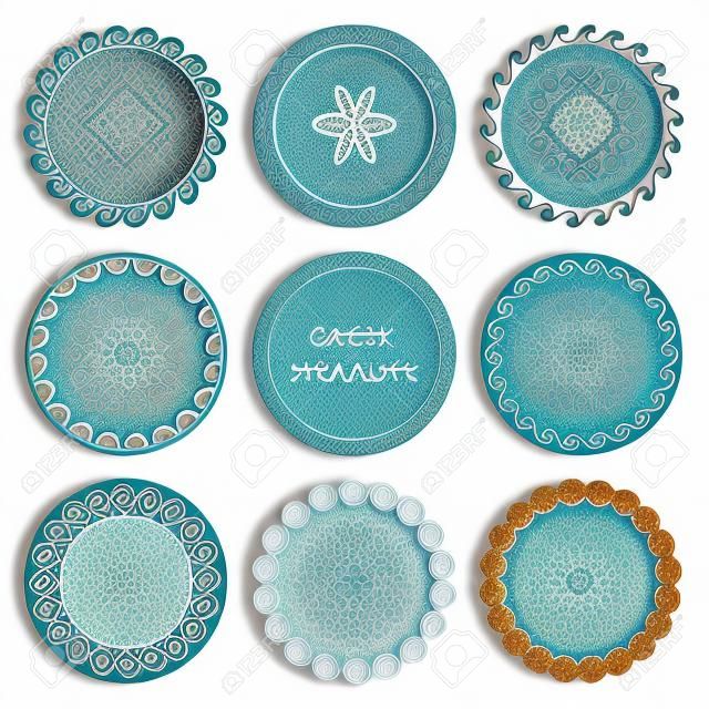 A Vector set of round frames in Greek style with elements of sea waves isolated on white background. Traditional retro ethnic ornament of greece for design and decoration of text, plates. Folk wavy mediterranean pattern