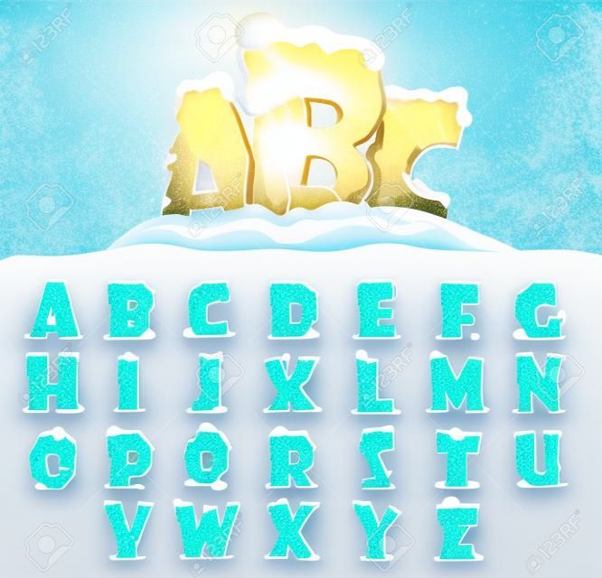 Ice letters with snow on the top, vector font