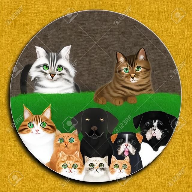 cats and dogs in round frame design