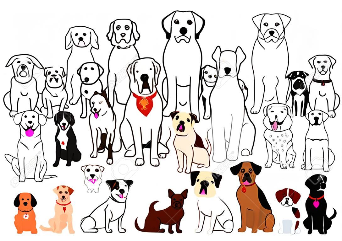 dogs big group, line art and color set
