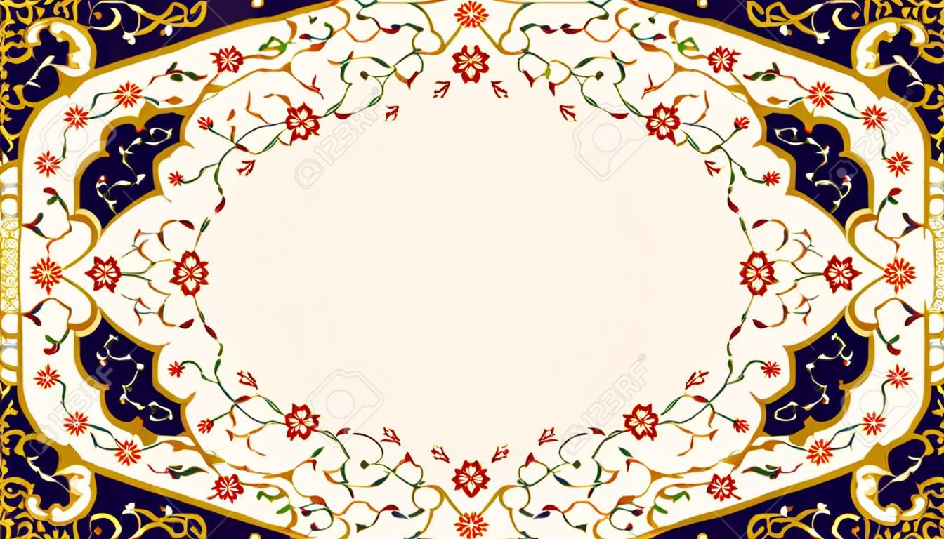 アラビア語の花のフレーム。伝統的なイスラムデザイン。モスクの装飾要素。中央にテキスト入力領域を持つ優雅な背景。