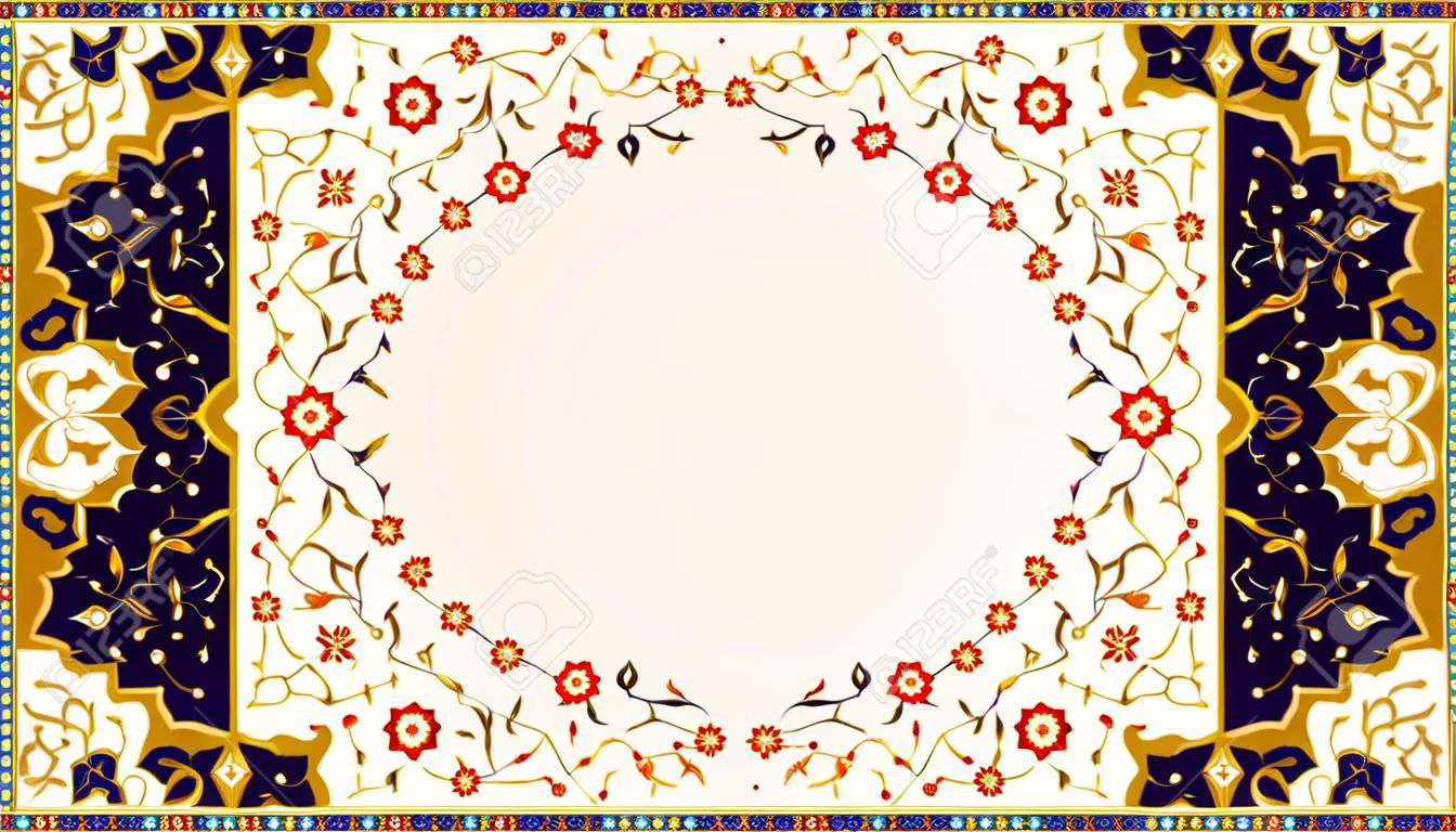 Arabska ramka kwiatowy. Tradycyjny islamski projekt. Element dekoracji meczetu. Tło elegancji z obszarem wprowadzania tekstu w środku.