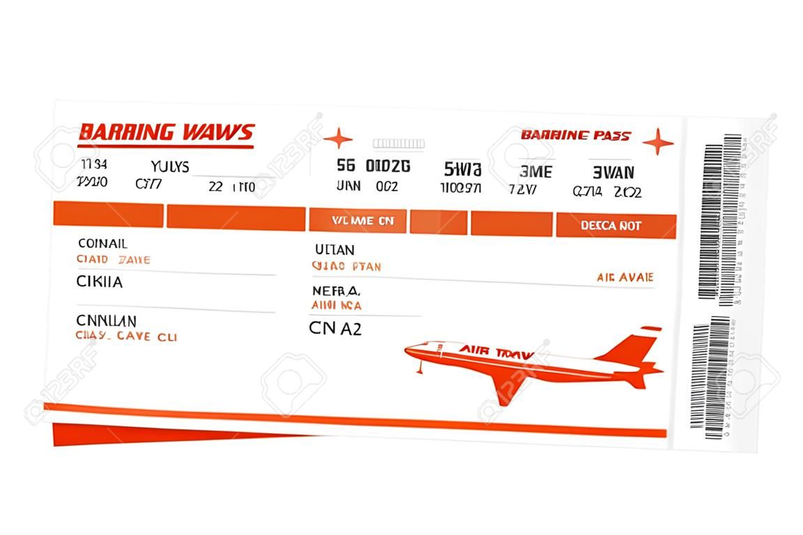 Realistische Designvorlage für Flugtickets mit Passagiernamen und Barcode. Flugreisen mit dem Flugzeug rote Farbdokument-Vektorillustration