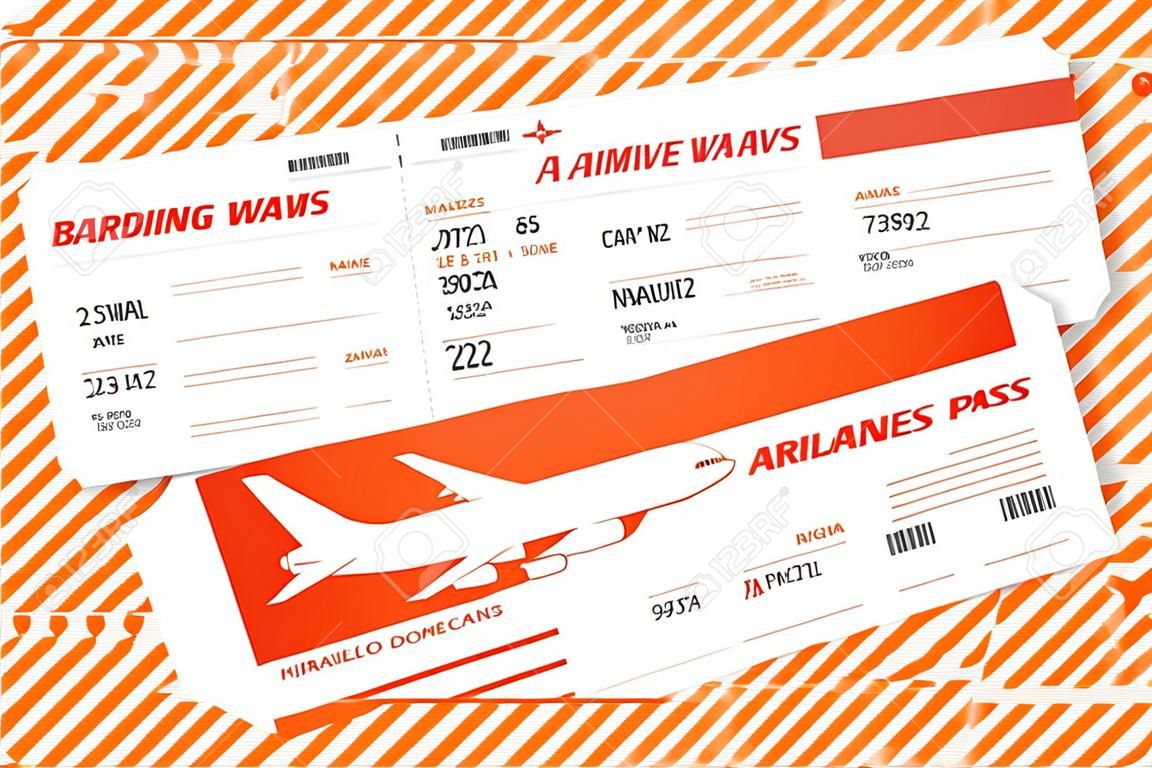Realistische Designvorlage für Flugtickets mit Passagiernamen und Barcode. Flugreisen mit dem Flugzeug rote Farbdokument-Vektorillustration