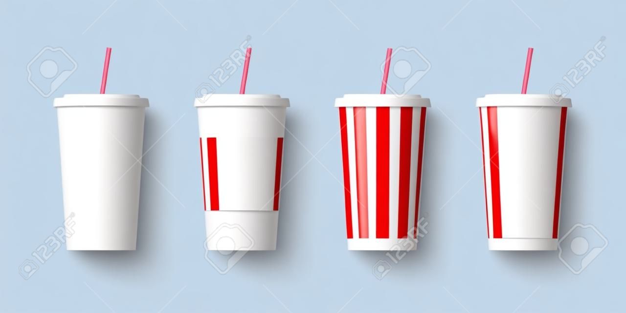 Disposable paper beverage cup template set for soda with drinking straw. Blank white big red striped cardboard soft drinks packaging mockup collection vector flat isolated illustation