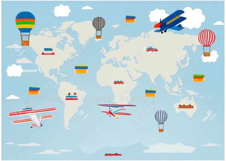 Vector world map for kids with cute cartoon planes and air balloons. Childrens map design for wallpaper, kids room, wall art. America, Europa, Asia, Africa, Australia, Arctica. Vector illustration.