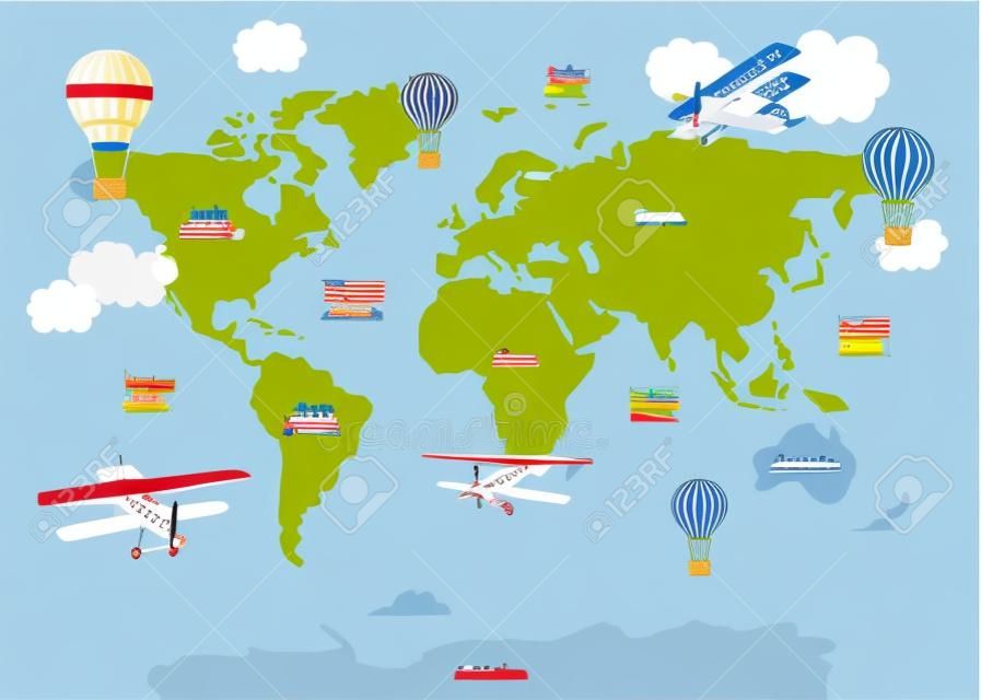 Vector world map for kids with cute cartoon planes and air balloons. Childrens map design for wallpaper, kids room, wall art. America, Europa, Asia, Africa, Australia, Arctica. Vector illustration.