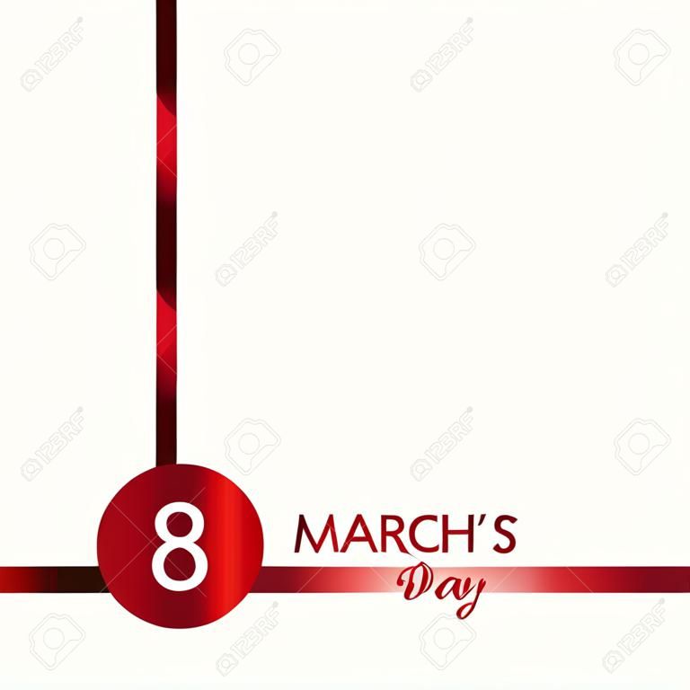 8 de marzo. Tarjeta de felicitación del día de las mujeres felices con número rojo de la cinta 8. Vector.