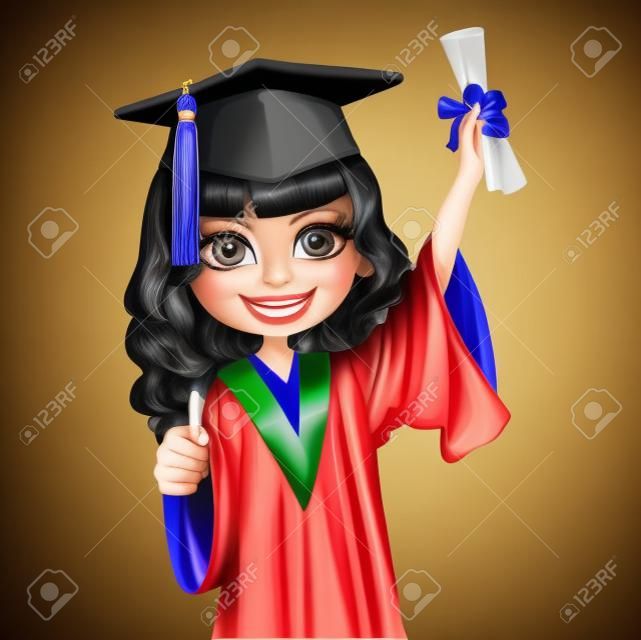 Muchacha bonita en la tapa y vestido graduado que sostiene un diploma de desplazamiento