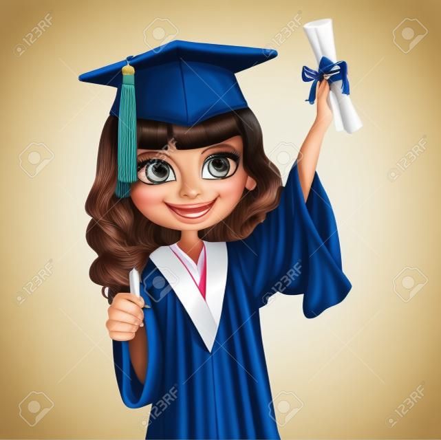 Muchacha bonita en la tapa y vestido graduado que sostiene un diploma de desplazamiento