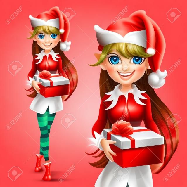 Schattig meisje Santa elf geven een geschenk geïsoleerd op een witte achtergrond