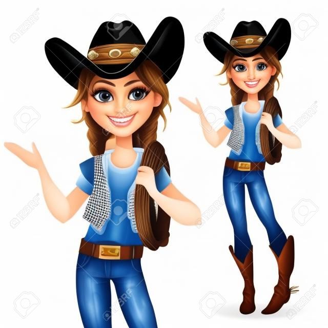 Mooi meisje in een cowboyhoed en met lasso zegt iets, geïsoleerd op een witte achtergrond