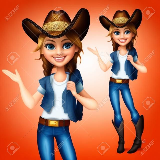 Bella ragazza in un cappello da cowboy e con laccio dice qualcosa, isolato su uno sfondo bianco
