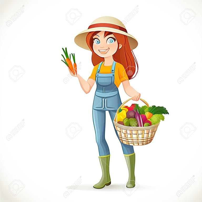 Ragazza carina giovane agricoltore con un grande cesto di verdure isolato su sfondo bianco