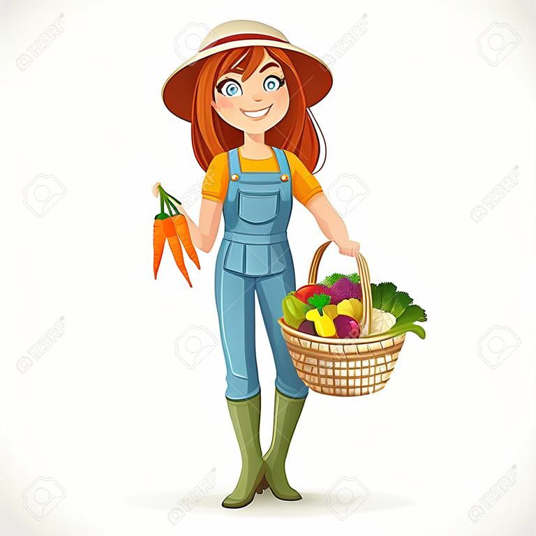 Cute young farmer girl with a big basket of vegetables isolated on white background
