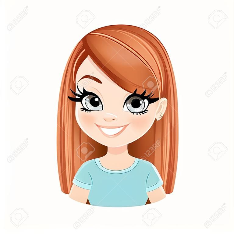 Schöne gleichaltrige Mädchen mit glattes braunes Haar Porträt isoliert auf weißem Hintergrund