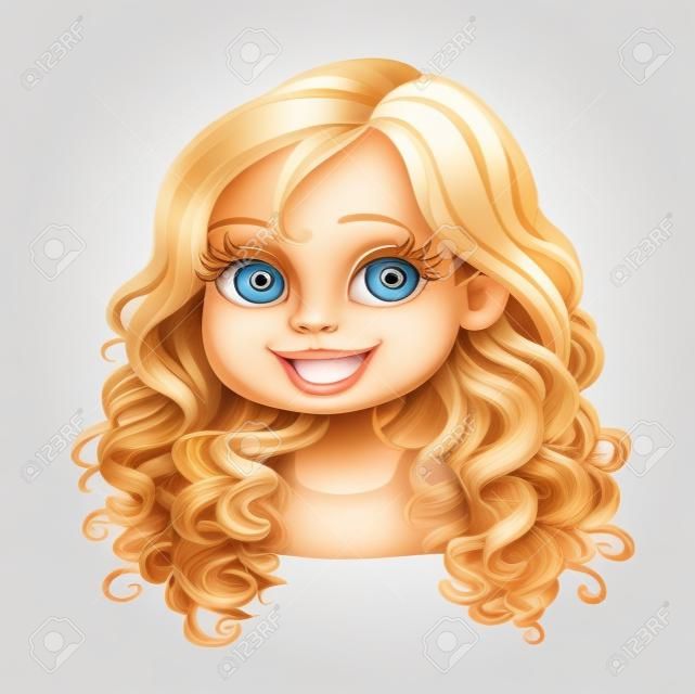 Mooi blond meisje met prachtig krullend haar portret geïsoleerd op witte achtergrond