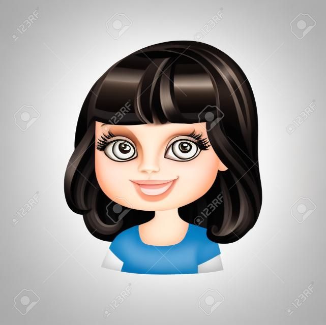 Beautiful brunette girl with black bob haircut with bangs portrait isolated on white background
