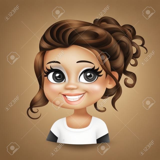 Bella ragazza bruna con lunghi neri capelli ondulati ritratto ricompattato isolato su sfondo bianco