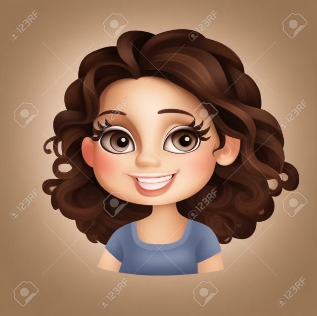 Mooie brunette meisje met korte bruine golvende haar donkere chocolade kleur aan haar schouders portret geïsoleerd op witte achtergrond