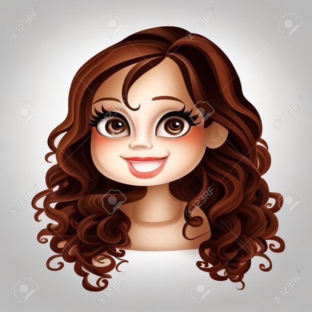 Mooi brunette meisje met prachtige bruine donkere chocolade kleur krullend haar portret geïsoleerd op witte achtergrond