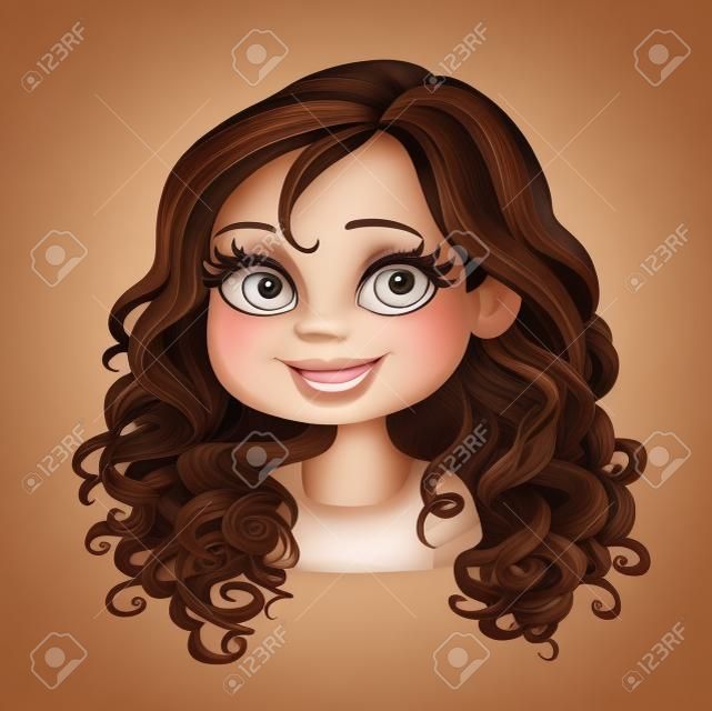 Schöne Brünette Mädchen mit wunderschönen braunen dunkle Schokolade Farbe lockiges Haar Porträt auf weißem Hintergrund