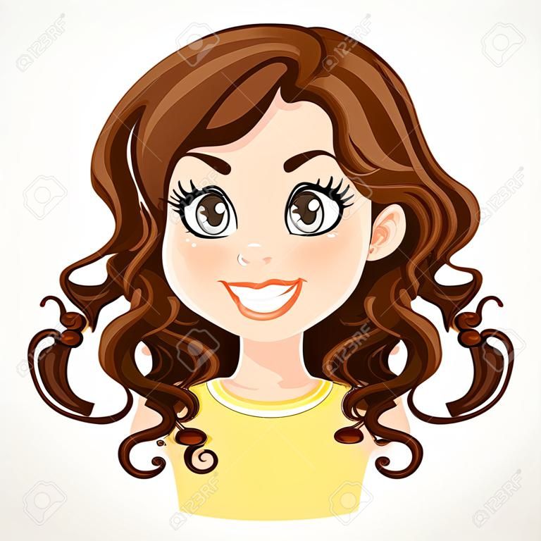 웅장 한 갈색 어두운 초콜렛 컬러 곱슬 머리 초상화와 아름 다운 갈색 머리 소녀 흰색 배경에 고립