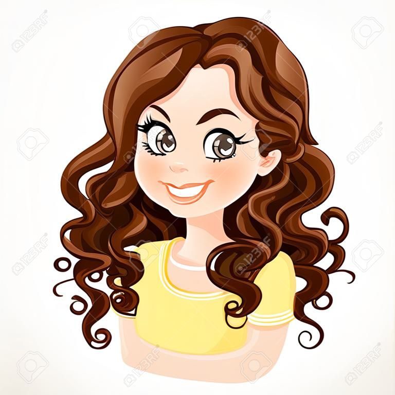 Schöne Brünette Mädchen mit wunderschönen braunen dunkle Schokolade Farbe lockiges Haar Porträt auf weißem Hintergrund