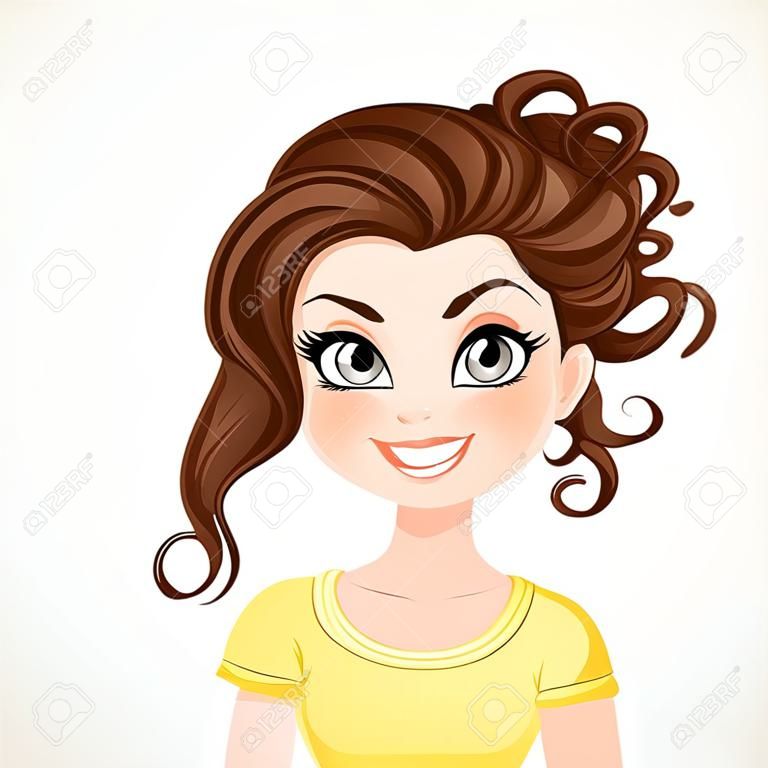 아름 다운 갈색 머리 소녀와 긴 다크 초콜릿 컬러 물결 모양의 머리 흰색 배경에 고립 된 움 큼 초상화