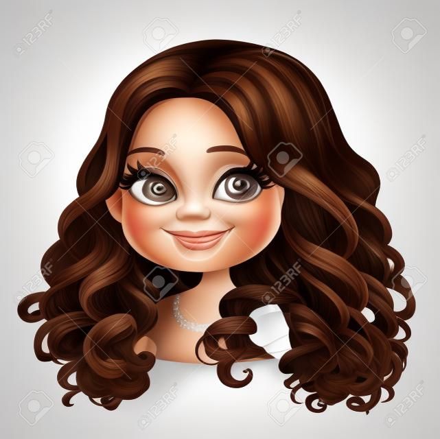 Bella ragazza bruna con il colore di cioccolato scuro magnifico grande ricci capelli ritratto isolato su sfondo bianco