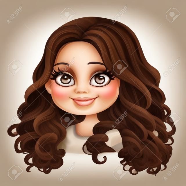 Beautiful brunette girl with dark chocolate color magnificent big curls hair portrait isolated on white background