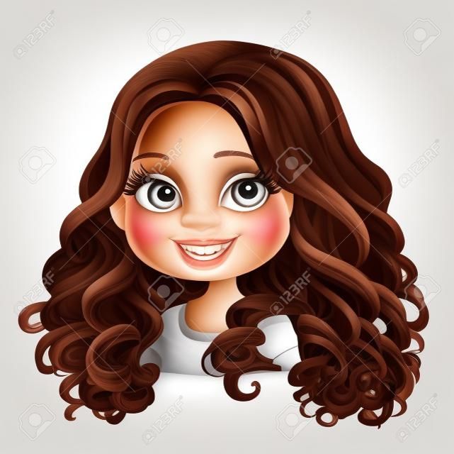 어두운 초콜렛 컬러 웅대 한 큰 곱슬 머리 초상화와 함께 아름 다운 갈색 머리 소녀 흰색 배경에 고립