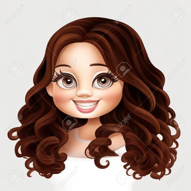 Красивая брюнетка девушка с темно-шоколадного цветом великолепным большим портретом завитков волос на белом фоне