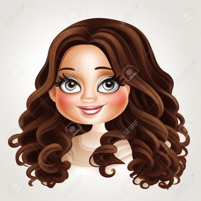 Schöne Brünette Mädchen mit dunklen Schokolade Farbe prächtige große Locken Haar Porträt isoliert auf weißem Hintergrund