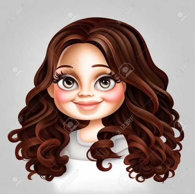 Красивая брюнетка девушка с темно-шоколадного цветом великолепным большим портретом завитков волос на белом фоне