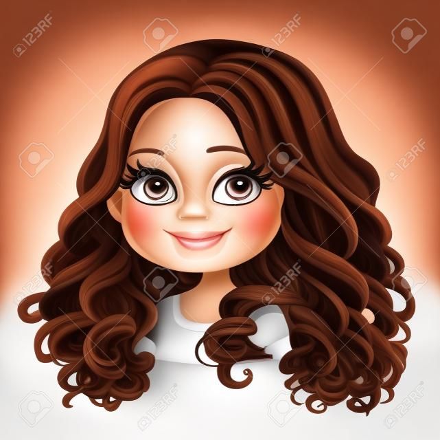 어두운 초콜렛 컬러 웅대 한 큰 곱슬 머리 초상화와 함께 아름 다운 갈색 머리 소녀 흰색 배경에 고립