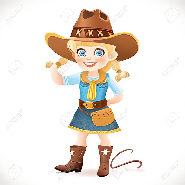 Nettes Mädchen in einem Cowboy-Anzug hält ein Lasso auf ihrer Schulter auf einem weißen Hintergrund isoliert