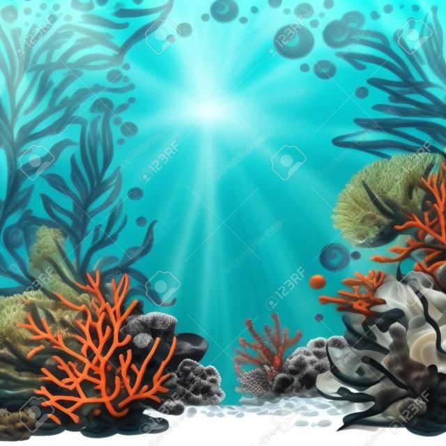 Podwodny świat z koralami, wodorostami i ukwiałami na białym tle na białym tle