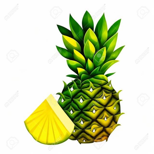 Whole pineapple and sliced slice nearby isolated on a white background