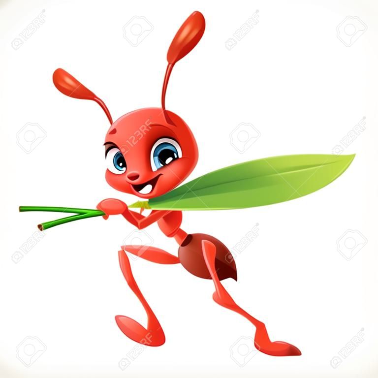 A formiga vermelha dos desenhos animados bonito carrega a lâmina verde da grama isolada em um fundo branco