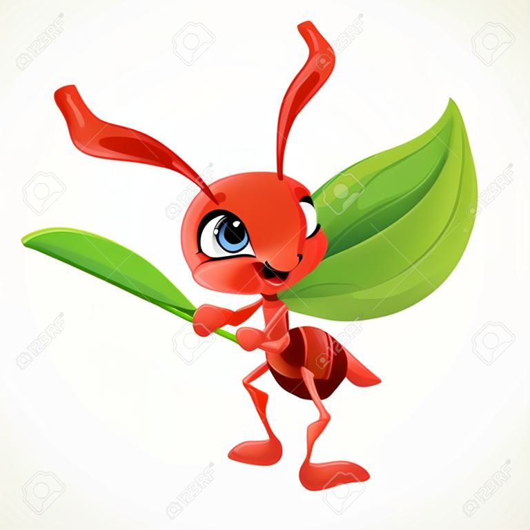 A formiga vermelha dos desenhos animados bonito carrega a lâmina verde da grama isolada em um fundo branco