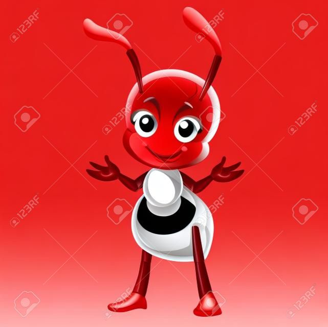 Pequena formiga vermelha dos desenhos animados bonito isolado em um fundo branco